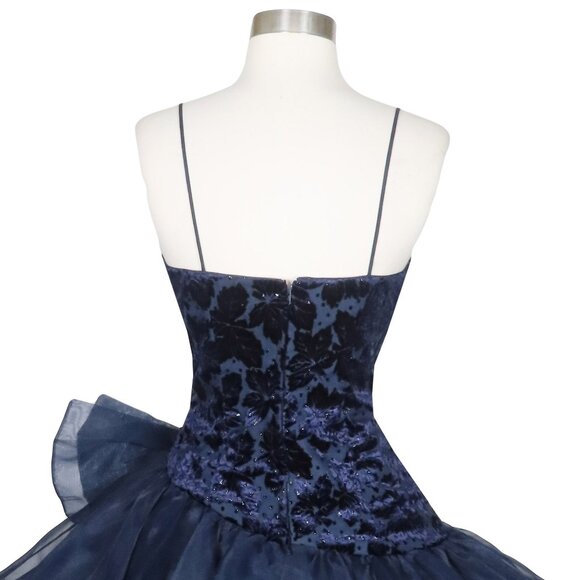 Vintage 80s Navy Blue Velvet Burnout Full Skirt Bow Dance Prom Party Dress XS S - Picture 12 of 12